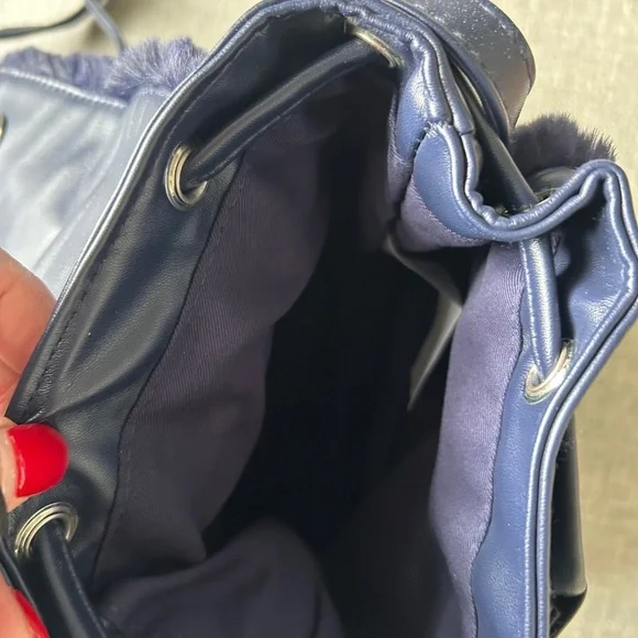 Swarovski faux fur mini backpack purse handbag, dark blue, adjustable straps - Picture 8 of 8